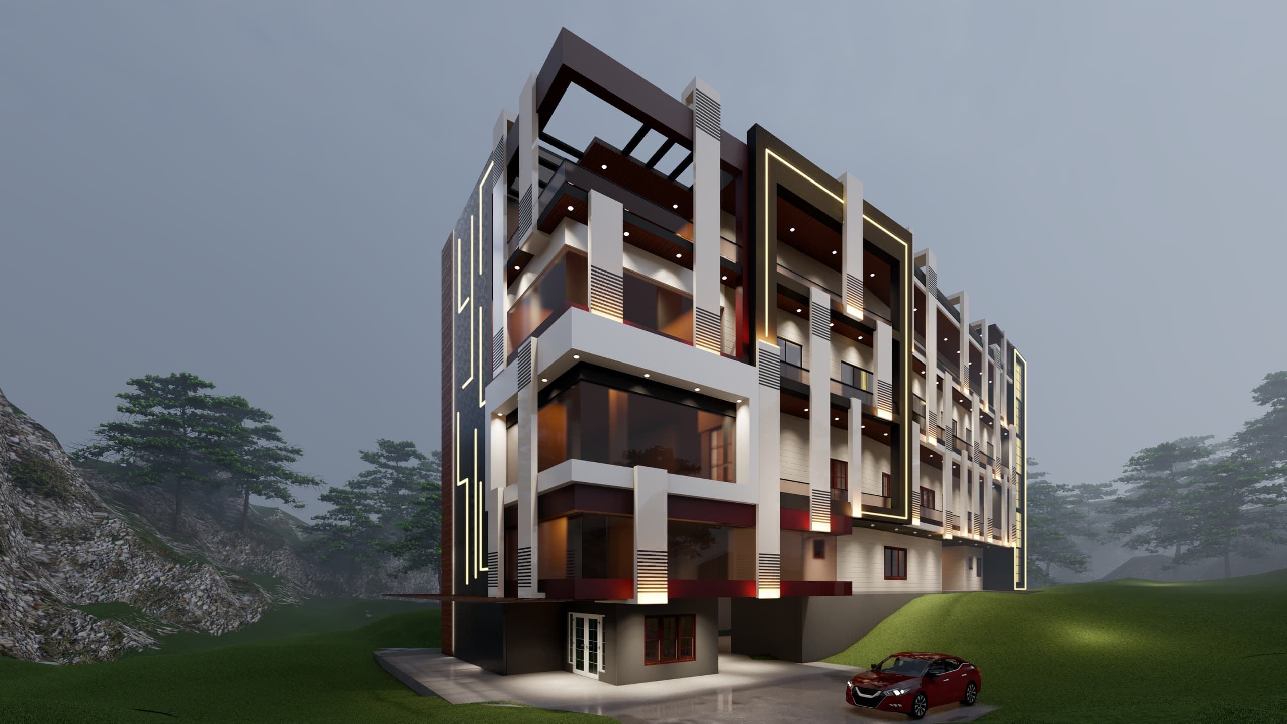A multi-storey elevation at dusk, lit facade detailing in warm light against a darkening sky