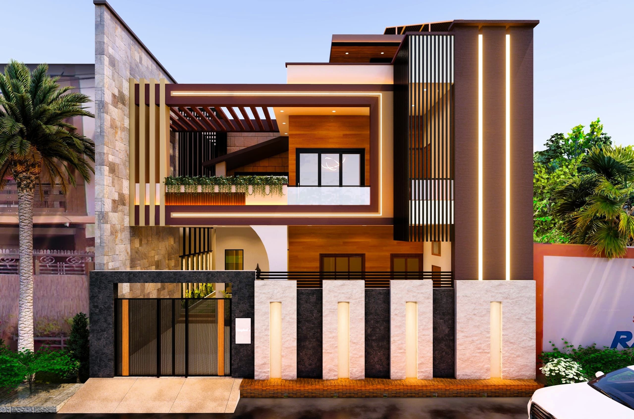 A three-storey residential front elevation with stone cladding, a slatted timber-and-glass carport, and landscaped planting