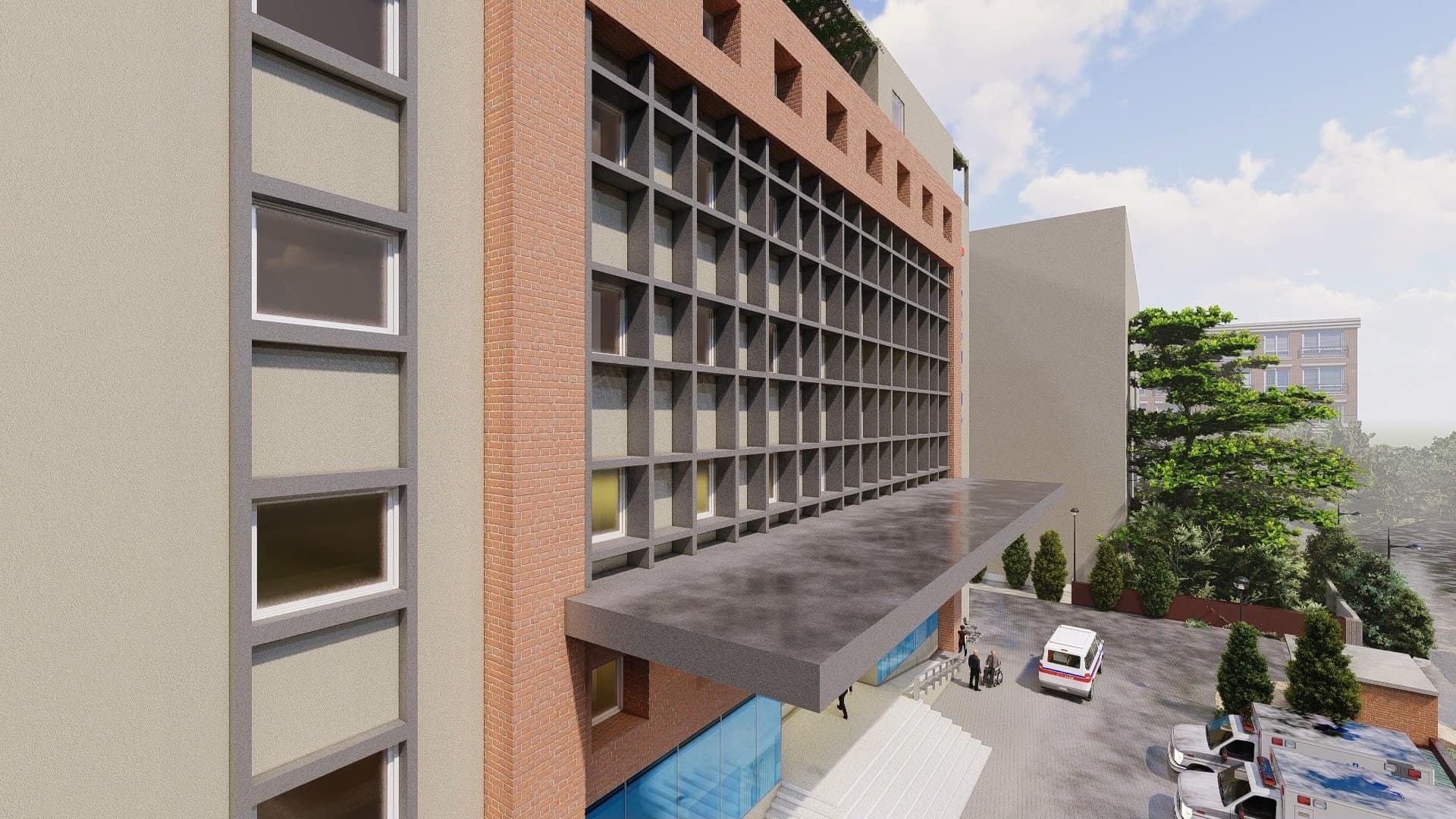 Rendered hospital building elevation with a brick and glazed-grid facade